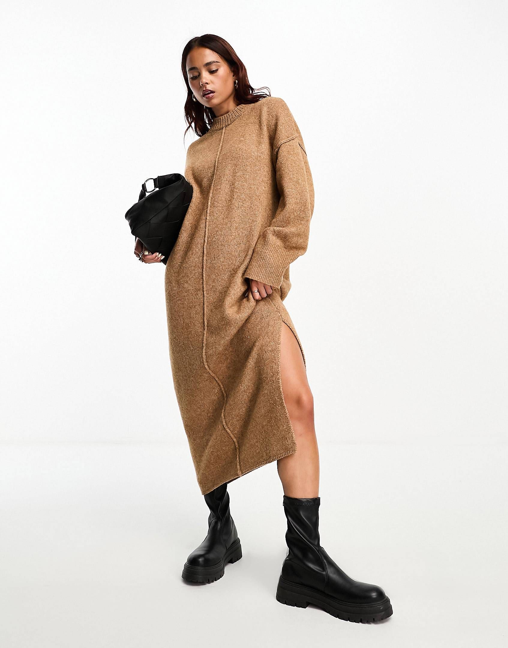 ASOS DESIGN oversized knitted midi dress with crew neck and seam detail in camel | ASOS (Global)