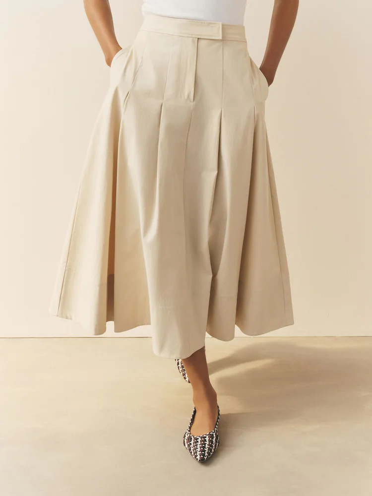 Nothing Ordinary Stone Premium Cotton Rich Tailored A-Line Midi Skirt | Next US