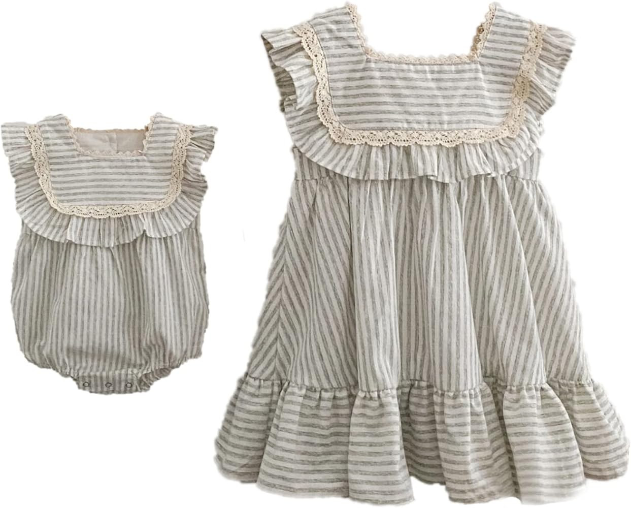 Ashmyova Toddler Girls Linen Summer Casual Dress Kids Vintage Ruffles Stripe Baby Rompers Dresses | Amazon (US)