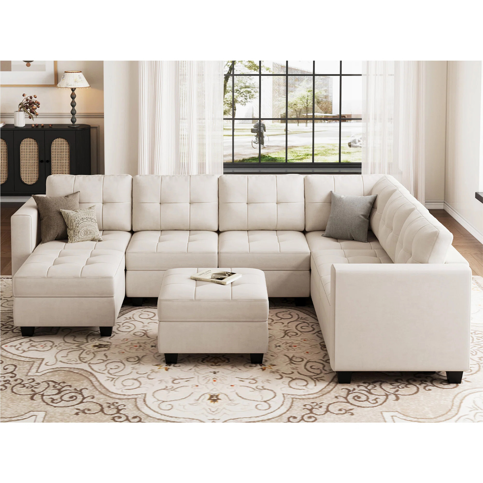 Ivery 116.6" Wide Linen Reversible Modular Sofa Living room Sectional Couch with Storage Ottoman | Wayfair North America