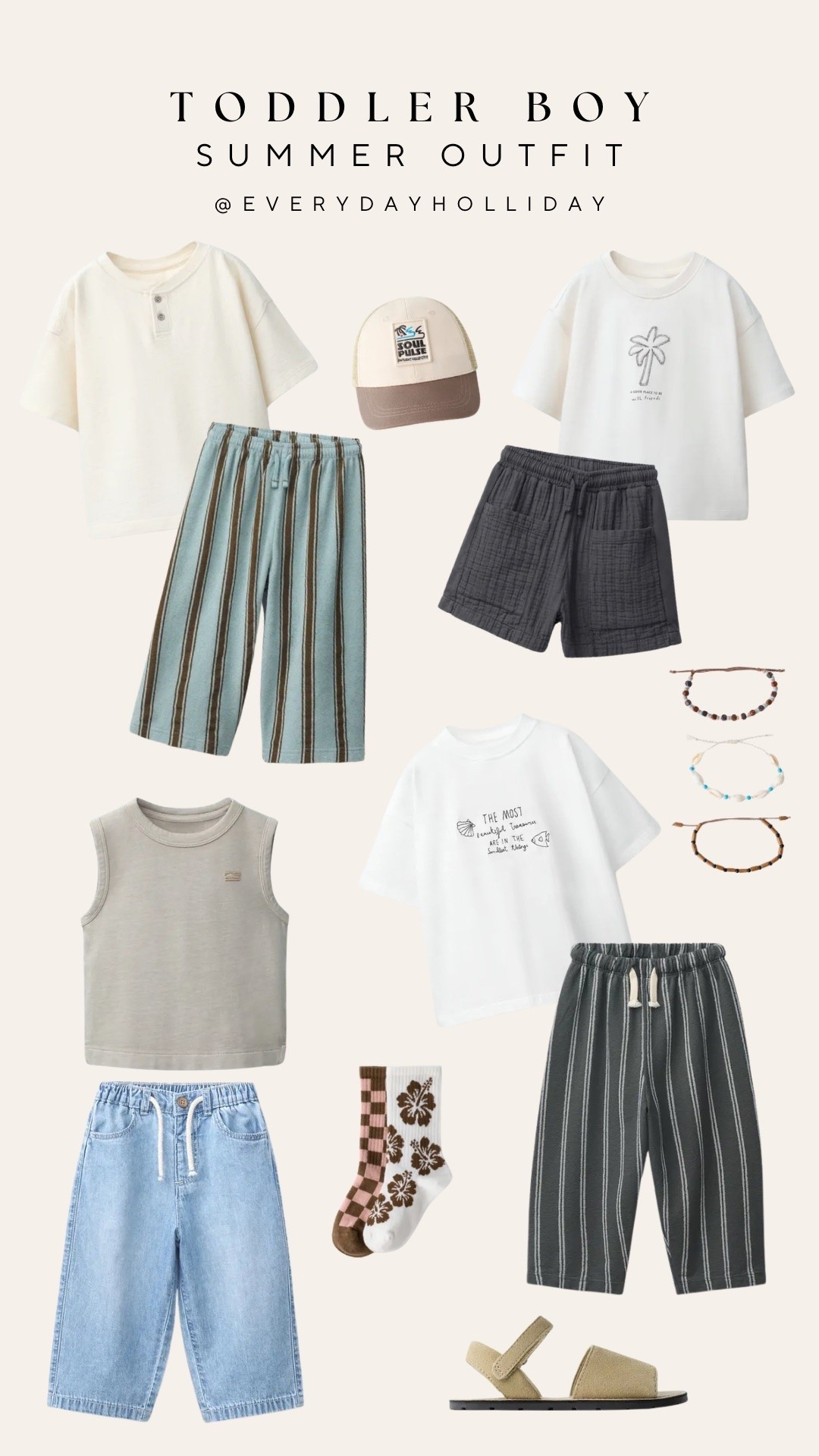 Toddler boy summer outfits from Zara and I am obsessed with every single piece — neutral tees, striped wide-leg shorts, the cutest trucker hat, linen pants, beaded bracelets, and those tan sandals. Easy summer dressing that actually looks intentional.

#LTKootd #LTKKids #LTKBaby