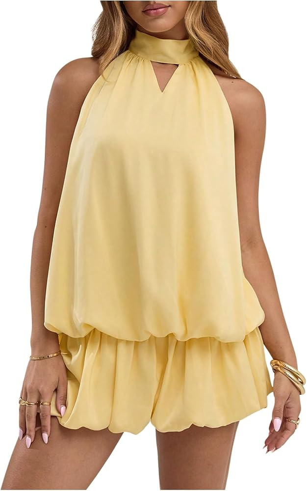 Verdusa Women's Cut Out Halter Satin Drop Waist Wedding Guest Dresses 2026 Mini Bubble Dress | Amazon (US)