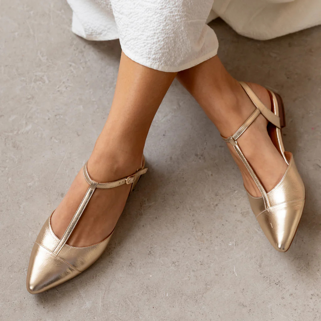 Anais Pointed T-Bar Flats: Gold Leather - Pre-Order (Dispatch w/c 23/0 | Air & Grace
