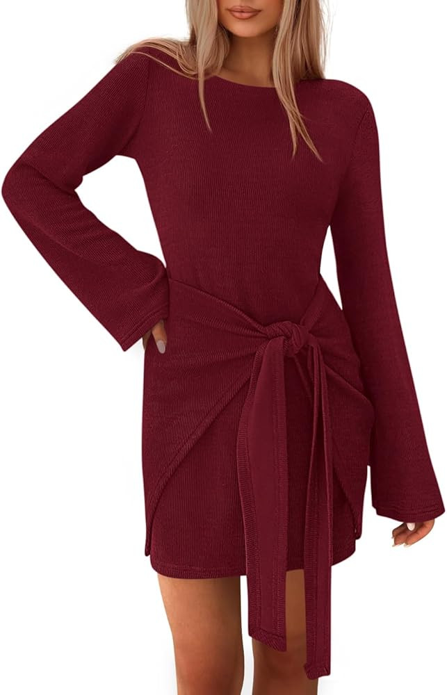 dowerme Women's Casual Mini Dress 2025 Bell Long Sleeve Boat Neck Tie Waist Bodycon Dresses Knitt... | Amazon (US)