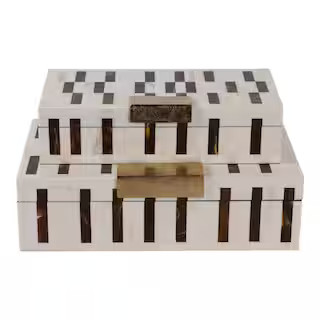 12 in. and 14 in. Brown/Ivory Resin Wood Decorative Boxes with Hardware (Set of 2) | The Home Depot