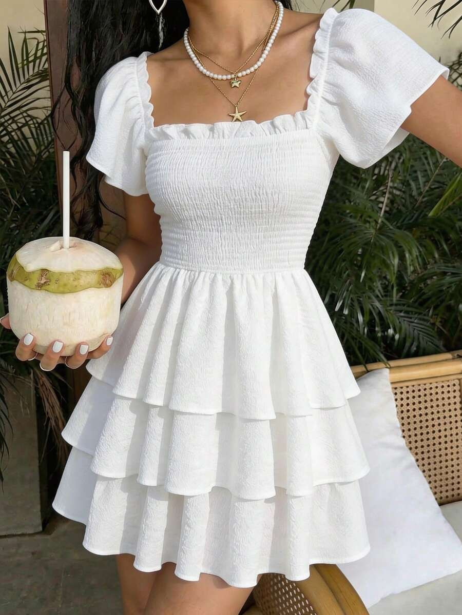 SHEIN Teen Girl Casual Vacation White Textured Square Neck Cap Sleeve Layered Ruffle Hem A-Line D... | SHEIN