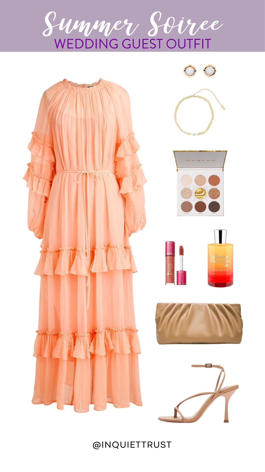 Attending a summer soiree? Be the best-dressed guest without stealing the bride's spotlight (promise!). You'll surely love this peach tiered ruffle chiffon dress with its perfectly paired accessories. Don't forget the makeup to finish off the look.
#weddingguestoutfit #formalwear #summerdress #partylooks

#LTKWedding #LTKSeasonal #LTKStyleTip
