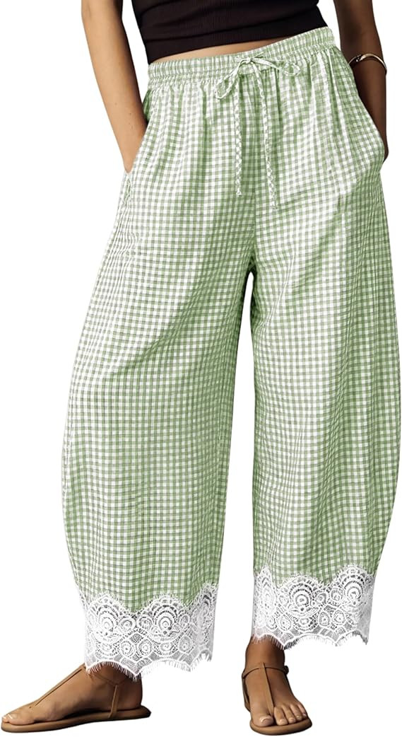 Aedceal Womens Lace Trim Gingham Barrel Pants Wide Leg Elastic Drawstring Waist Lounge Pants Plai... | Amazon (US)