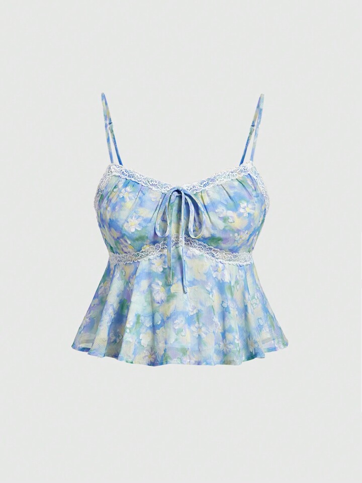 SHEIN MOD Women's Blue Floral Pattern Lace Trim Summer Top | SHEIN