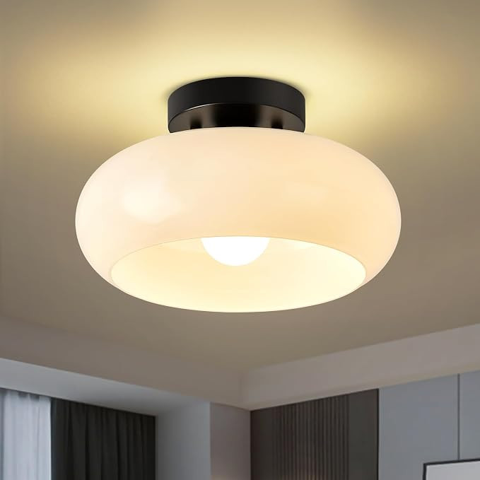 Mid-Century Modern Black Semi Flush Mount Ceiling Light,White Glass Dome Hallway Lighting Fixture... | Amazon (US)