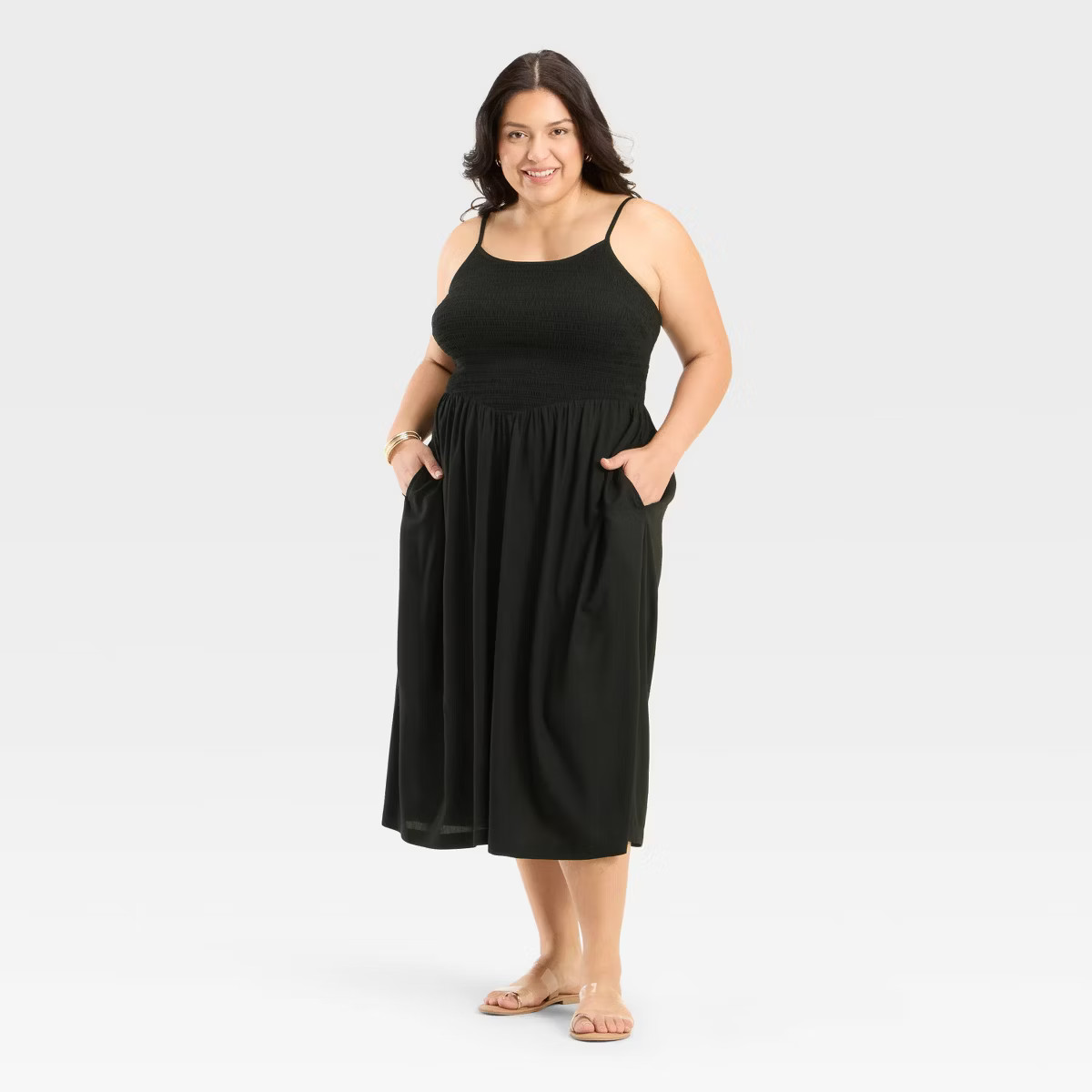 Women's Smocked V-Waist Midi Dress - A New Day™ Yellow Gingham 2X | Target