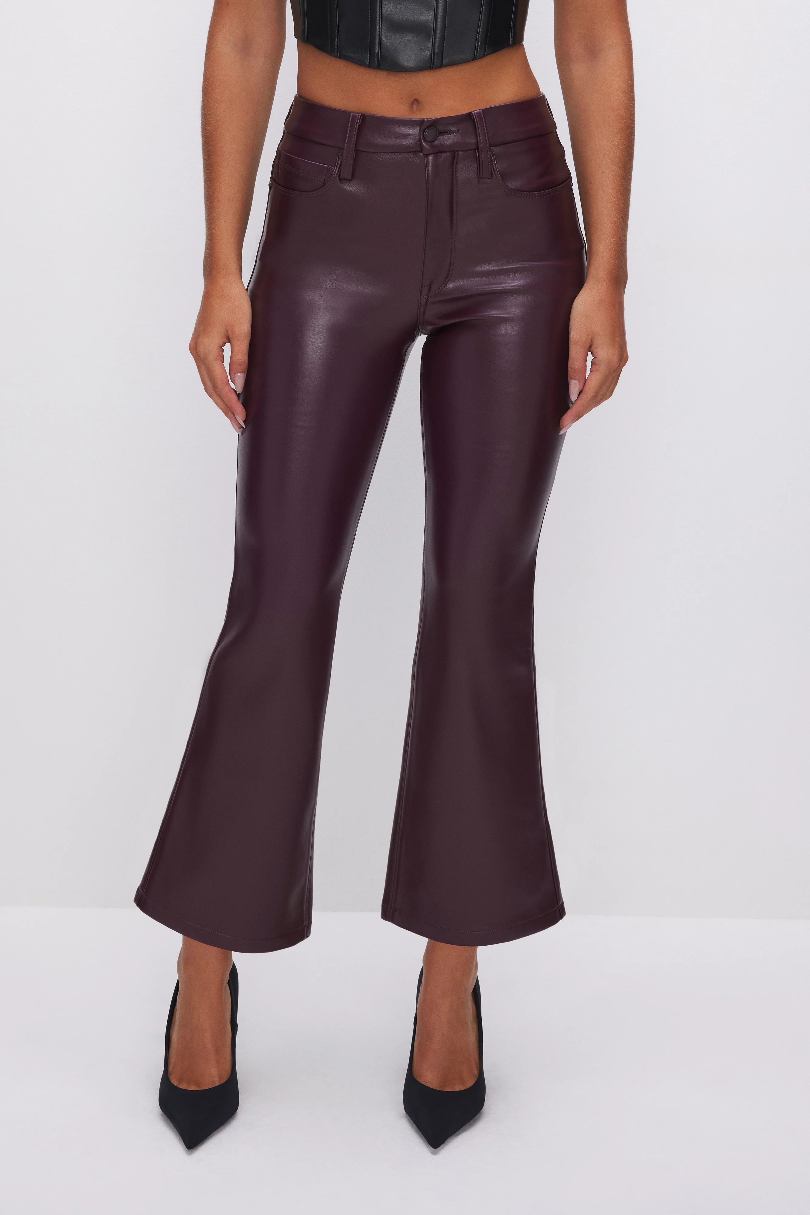 GOOD LEGS CROPPED MINI BOOT FAUX LEATHER PANTS | Good American