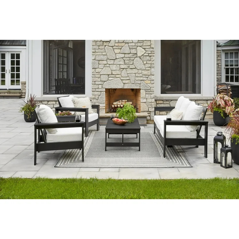Better Homes & Gardens Ezra 4-Piece Outdoor HDPE Conversation Set, Black with Cream Boucle Cushio... | Walmart (US)