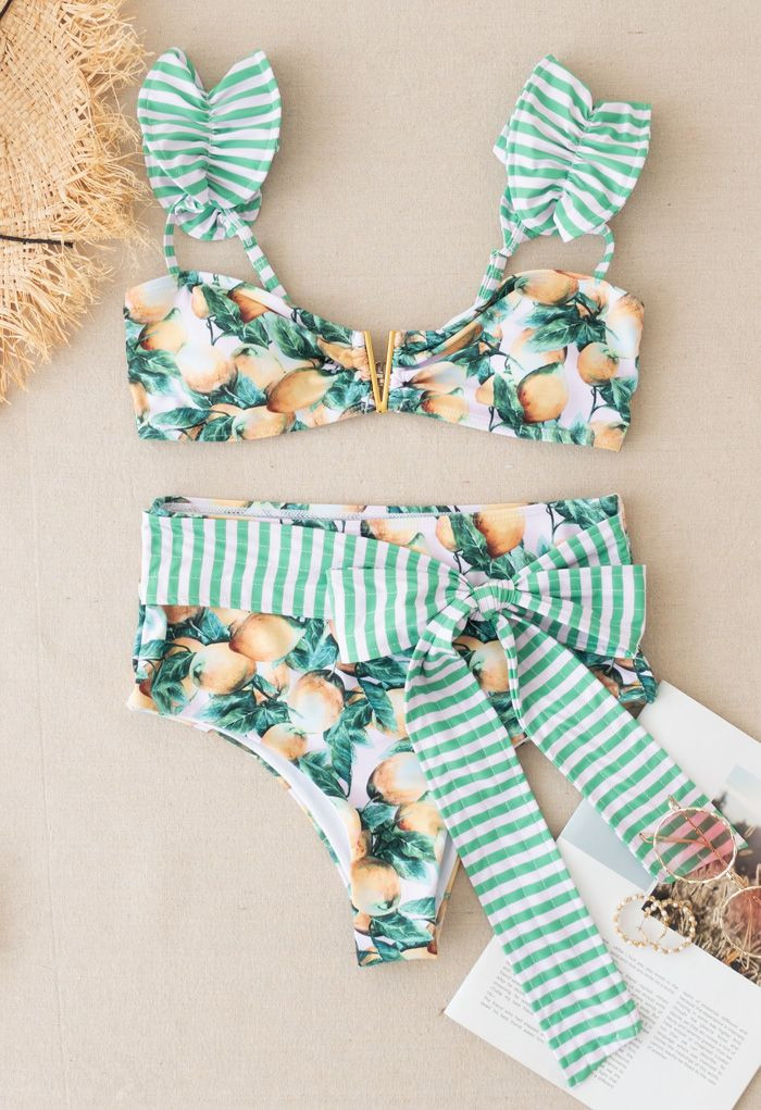 Striped Lemon Print Bowknot Bikini Set | Chicwish