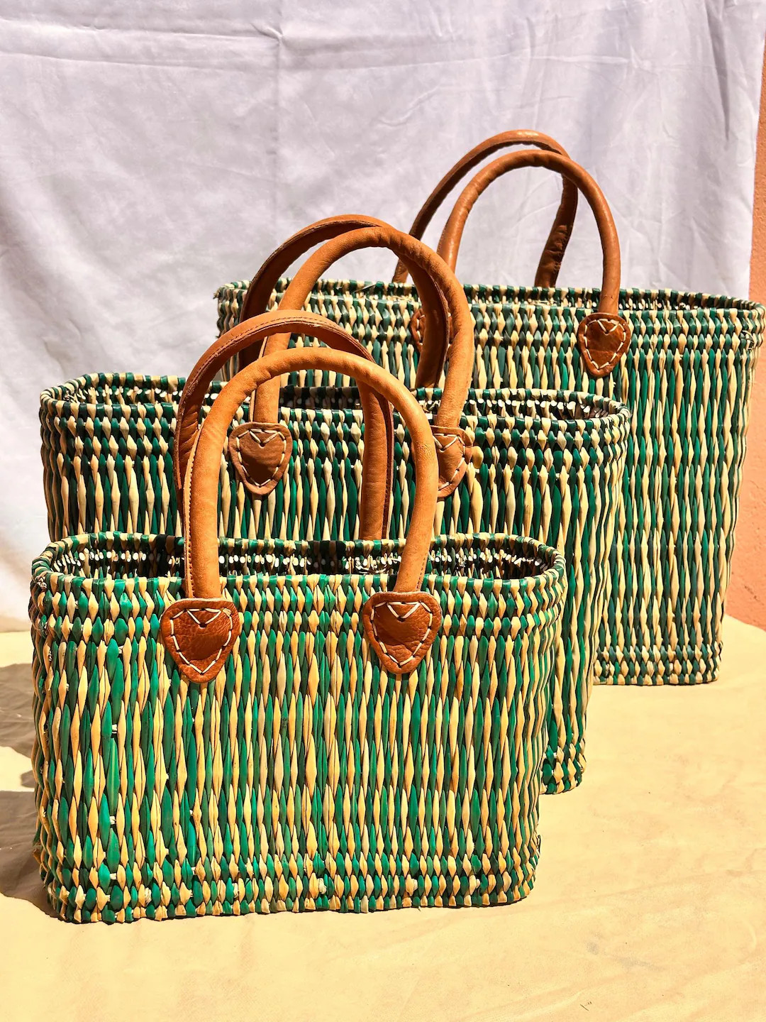 Handmade Woven Moroccan Market Basket With Leather Handles - Etsy | Etsy (Global)