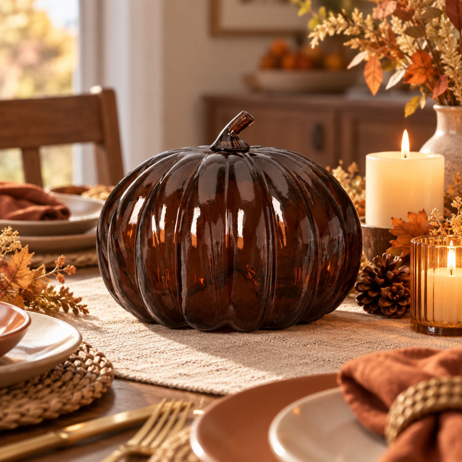 1-Piece Amber Glass Pumpkin Decor, Glossy Ribbed Fall Tabletop Decoration for Home, Thanksgiving & Halloween | Walmart (US)