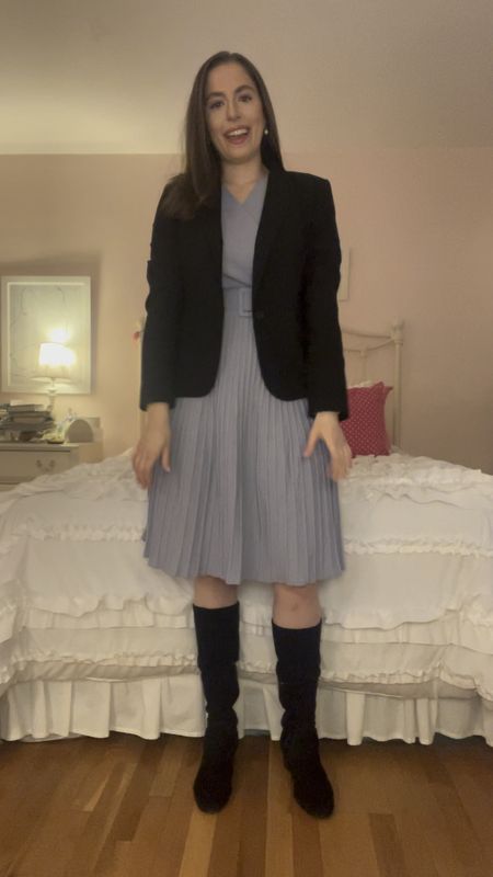 Sweater dress, belter sweater dress, winter to spring, business casual, workwear, office outfit, law firm, suiting, black suit jacket, black blazer, midi dress, pleated midi skirt, black suede boots, tall black suede boots, suit jacket, winter to spring workwear, workwear

#LTKSeasonal #LTKVideo #LTKworkwear