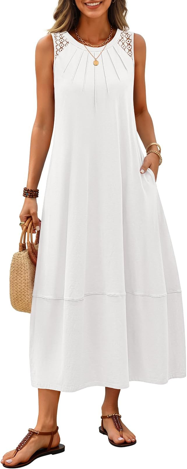 MEROKEETY Women's Summer Boho Maxi Dress 2026 Pleated Lace Hollow Out Beach Vacation Sundresses S... | Amazon (US)