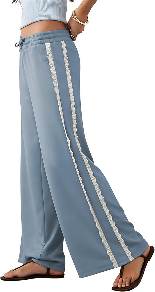 Women's Lace Trim Palazzo Pants Wide Leg Daily Summer Beach Vacation Office Lounge Travel Holiday... | Amazon (US)