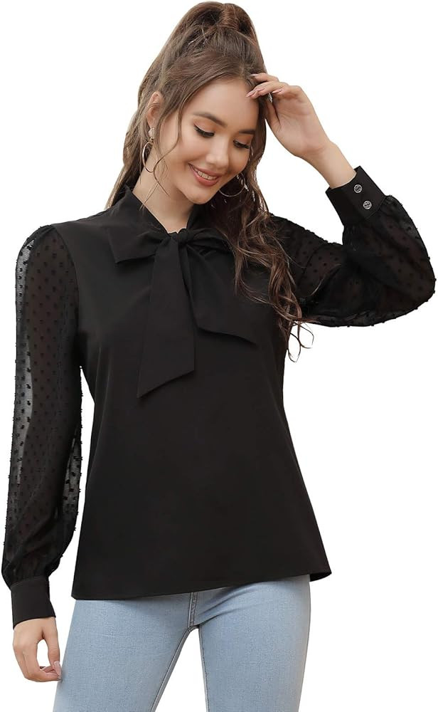 Kate Kasin Womens Bow Tie Long Sleeve Blouse Swiss Dot Shirts Office Tops | Amazon (US)