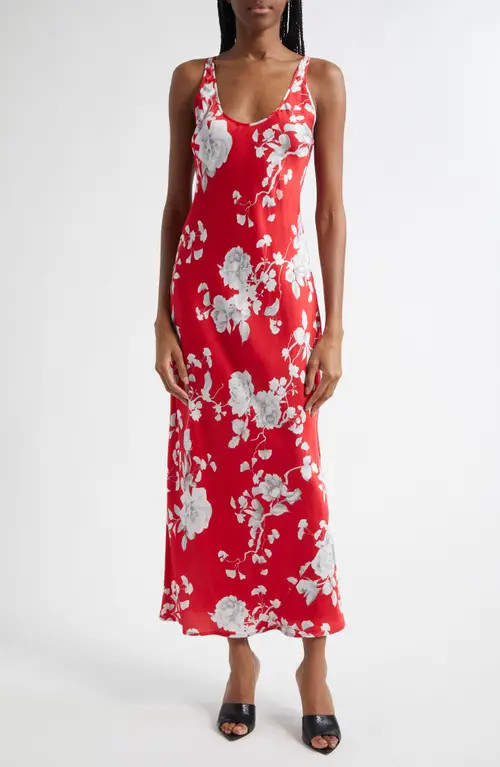 L'AGENCE Akiya Floral Sleeveless Silk Satin Maxi Dress in Red/Ivory Large Ikebana at Nordstrom | Nordstrom