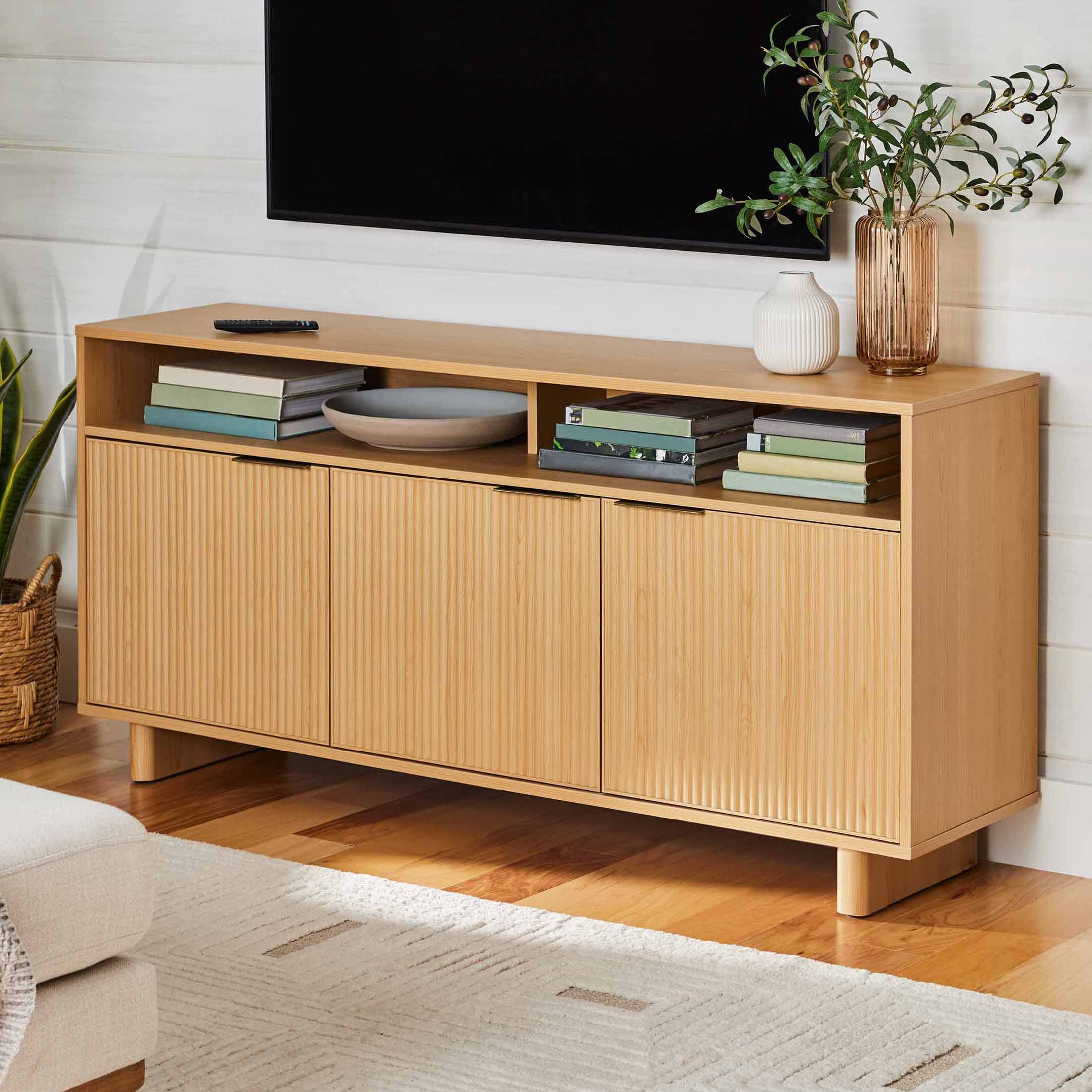 Better Homes & Gardens Lillian Fluted TV Stand for TVs up to 70", Natural Pine Finish | Walmart (US)