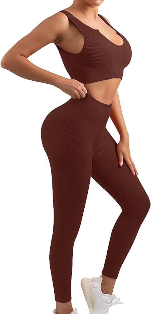 EUYZOU Womens Ribbed Two Pieces Workout Set Outfits, V Shape Crop Top High Waist Sports Leggings Set | Amazon (US)