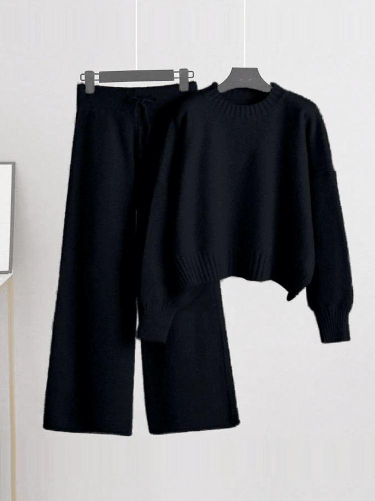 SHEIN LUNE 2pcs/Set Solid Color Crew Neck Long Sleeve Sweater And Pants, Casual Knitwear Set | SHEIN