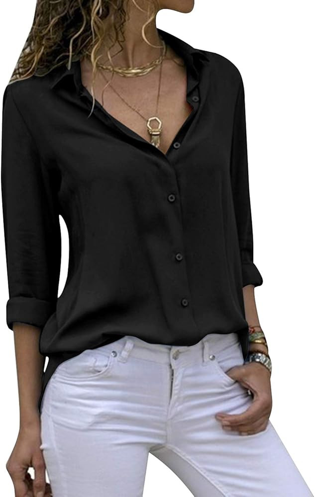 Hiistandd Women's Long Sleeve V Neck Chiffon Blouses Tops Button Down Business Shirts | Amazon (US)