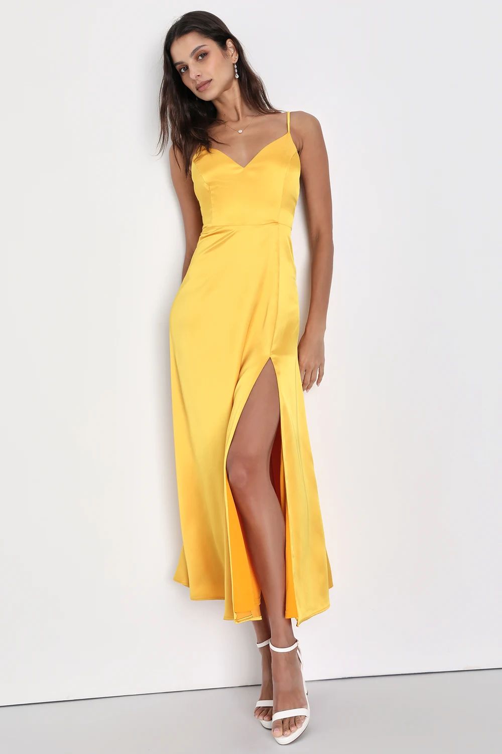 Always Audacious Marigold Yellow Satin Tie-Back Midi Dress | Lulus
