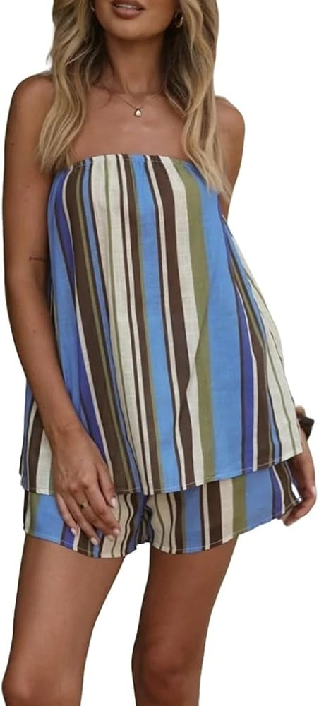 Two Piece Sets for Women Summer Floral Print Tube Top and Shorts Vacation Clothes | Amazon (US)