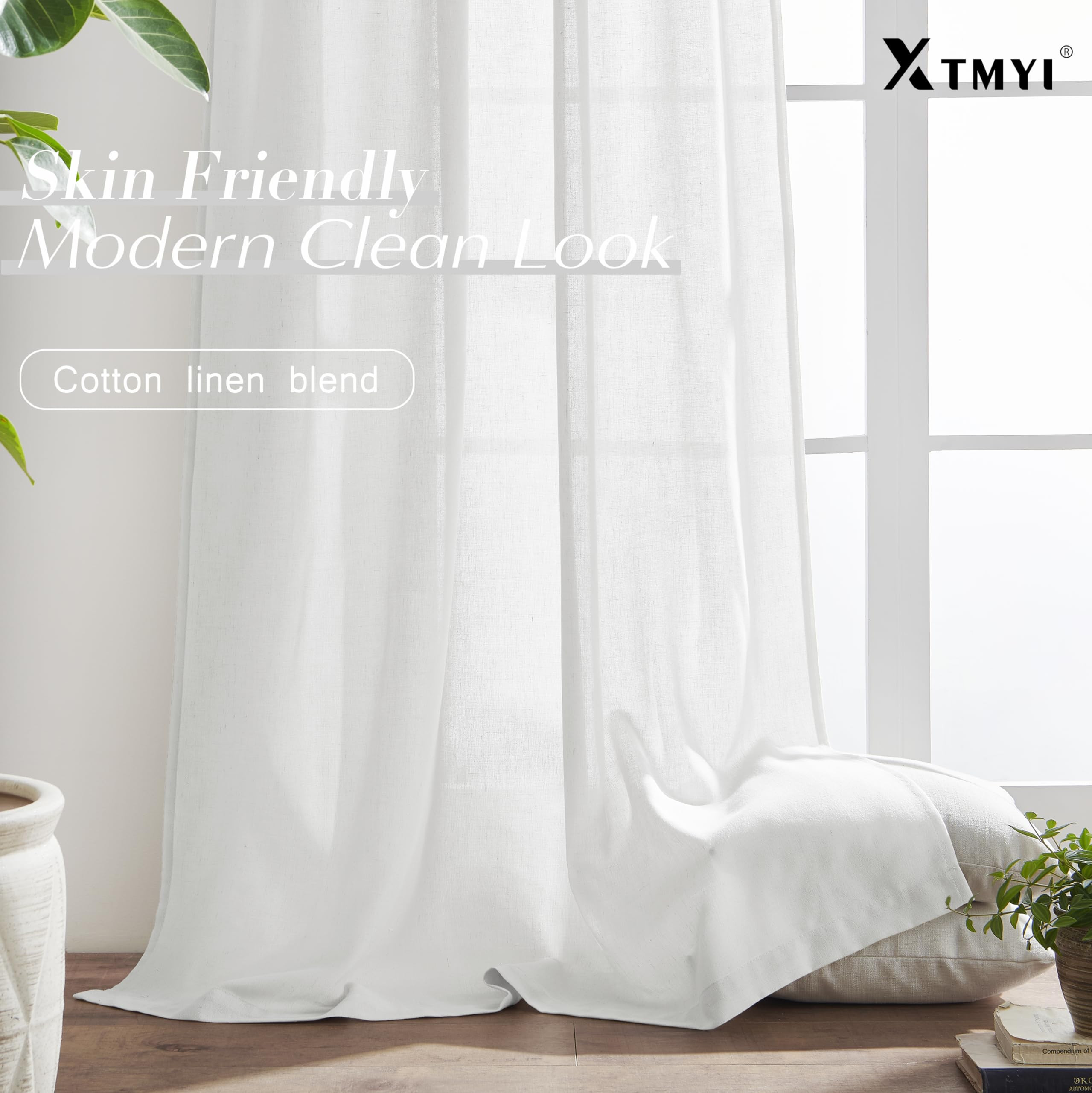 XTMYI Back Tab/Hook Belt Linen Cotton Sheer Curtains for Bedroom White 2 Panels,70 Inch Wide,102 ... | Amazon (US)