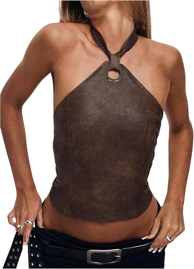 Verdusa Women's Y2K Lace Up Backless Leather Halter Top Rave Club Going Out Tops | Amazon (US)