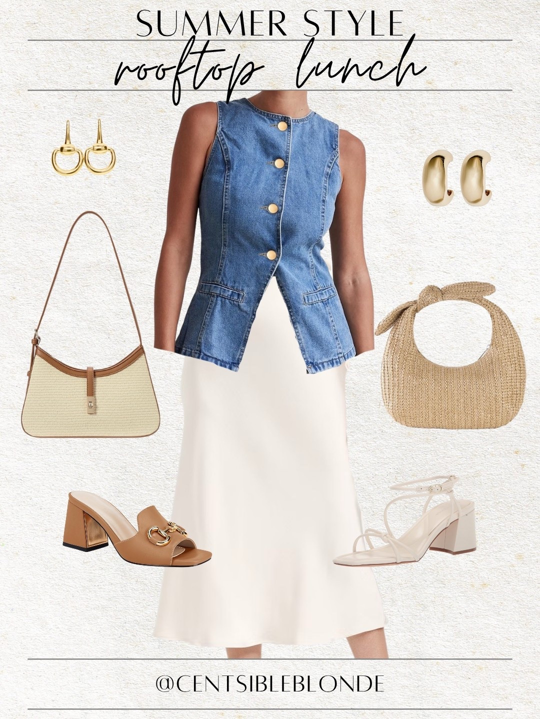 Preppy outfits, Heeled sandal, ivory sandals, strappy sandals, mule heels, denim vest, satin skirt, midi skirt, handbag, gold earrings, rooftop drinks, lunch date, brunch outfit, brunch date, summer style, summer outfit, raffia handbag, chic outfit, denim top

#LTKFindsUnder50 #LTKSeasonal #LTKShoeCrush