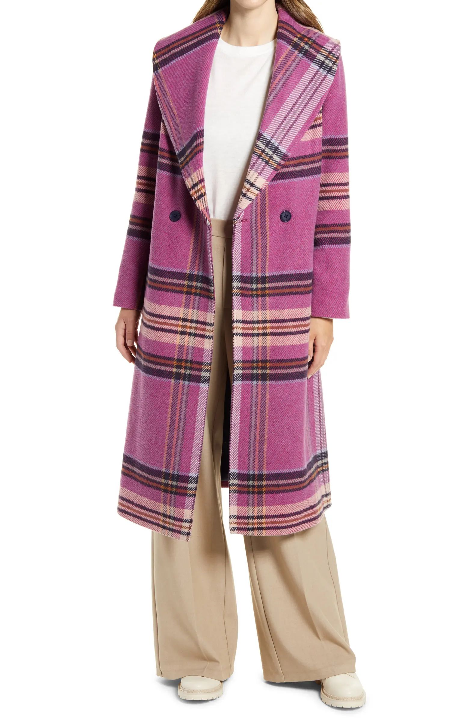 Halogen® Plaid Shawl Collar Double Breasted Coat | Nordstrom | Nordstrom