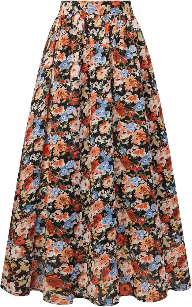Belle Poque Women's Elastic Waist Maxi Skirts High Waisted Pleated A-Line Swing Skirts Summer Flo... | Amazon (US)