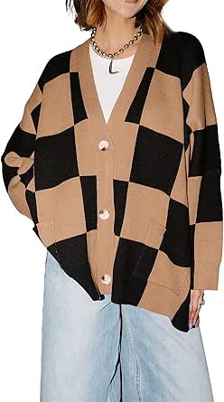 Ainangua Checkered Cardigan for Women Vintage Oversized Long Sleeve Coat Open Front Plaid Sweater... | Amazon (US)