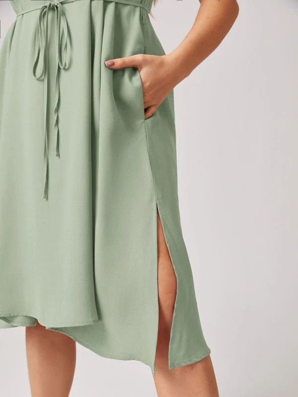 SHEIN Plus Split Hem Solid Belted Cami Dress | SHEIN
