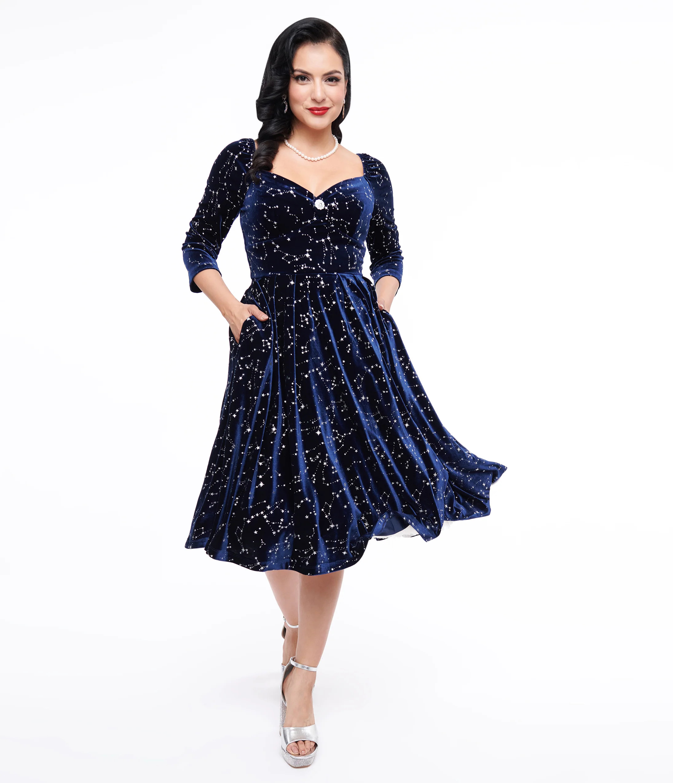 Unique Vintage 1950s Navy & Silver Star Velvet Lamar Swing Dress | UniqueVintage