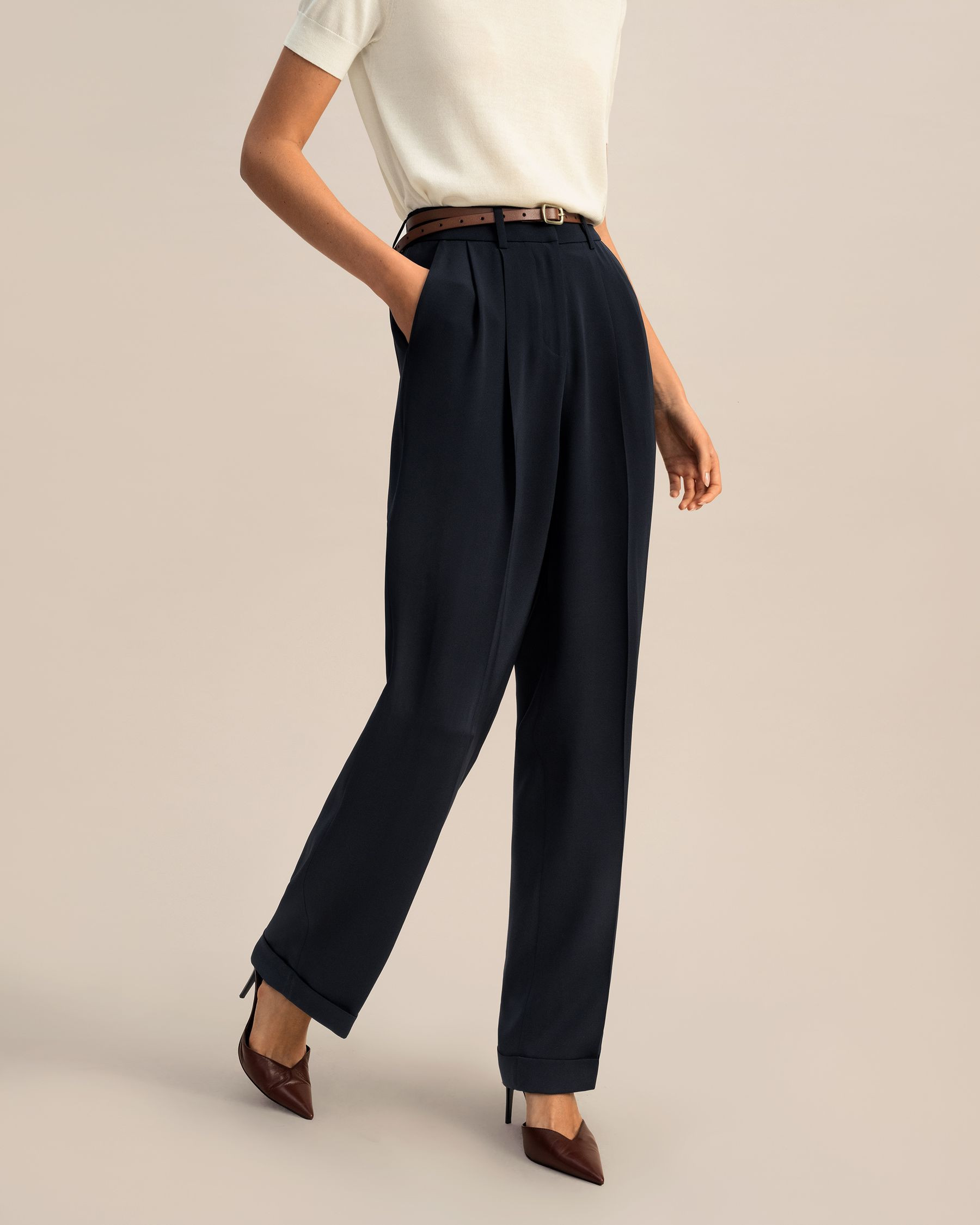 Timeless Pleated Wide-Leg Dense Silk Trousers | LilySilk