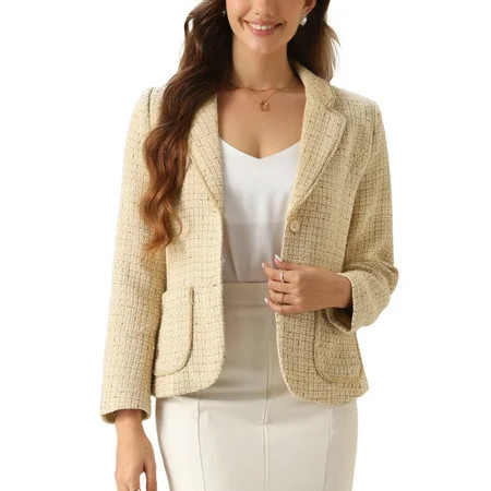 Allegra K Tweed Blazer for Women s Notch Lapel Long Sleeve 2024 Fall Elegant Business Casual Jacket S Apricot | Walmart (US)