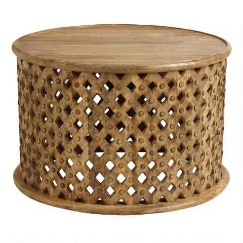 Round Aged Driftwood Carved Wood Lattice Coffee Table | World Market