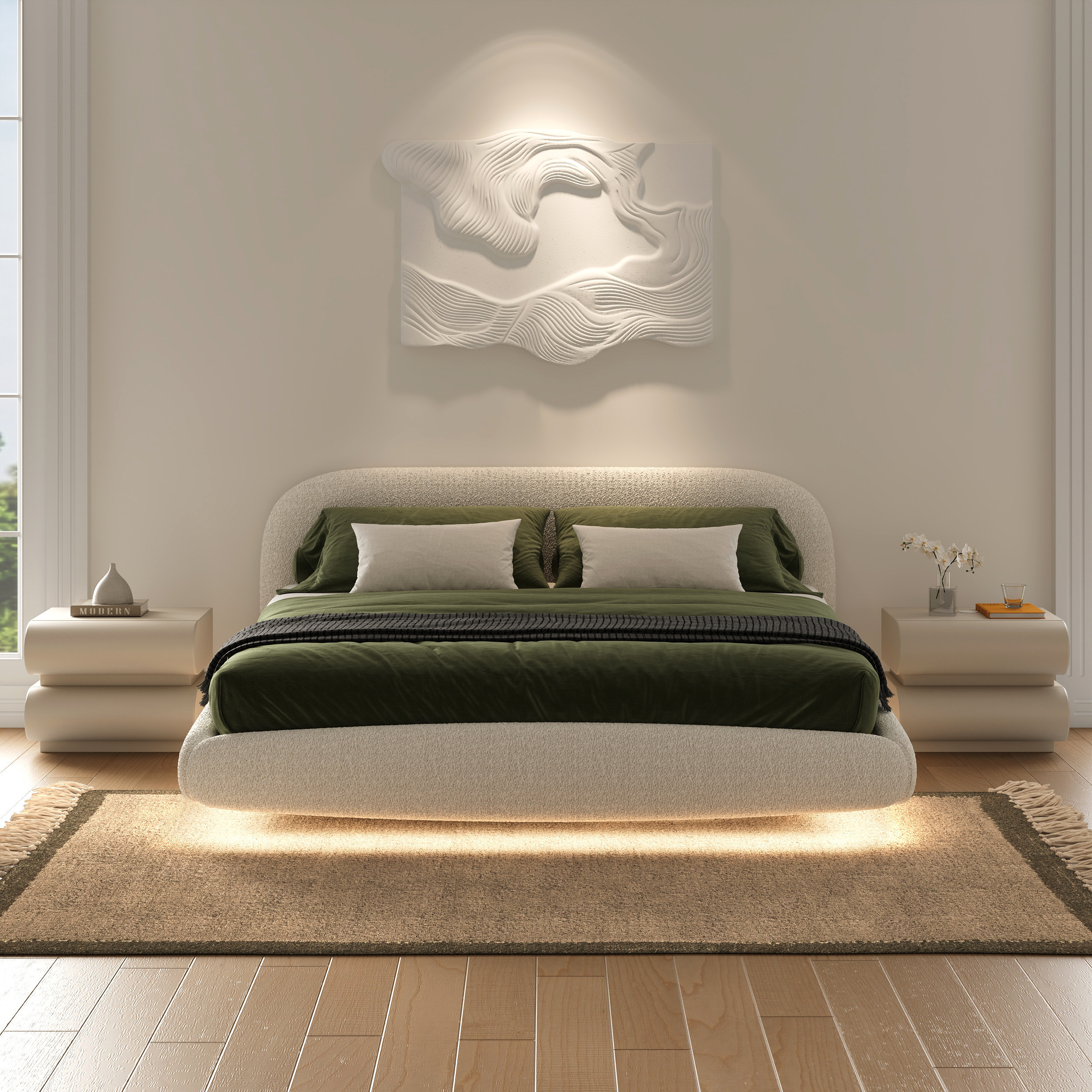 White Leather Smart Nightstand with Wireless Charger Bedside Table with USB & Type-C Ports King Size Boucle Upholstered Floating Bed Frame with Light | Homary