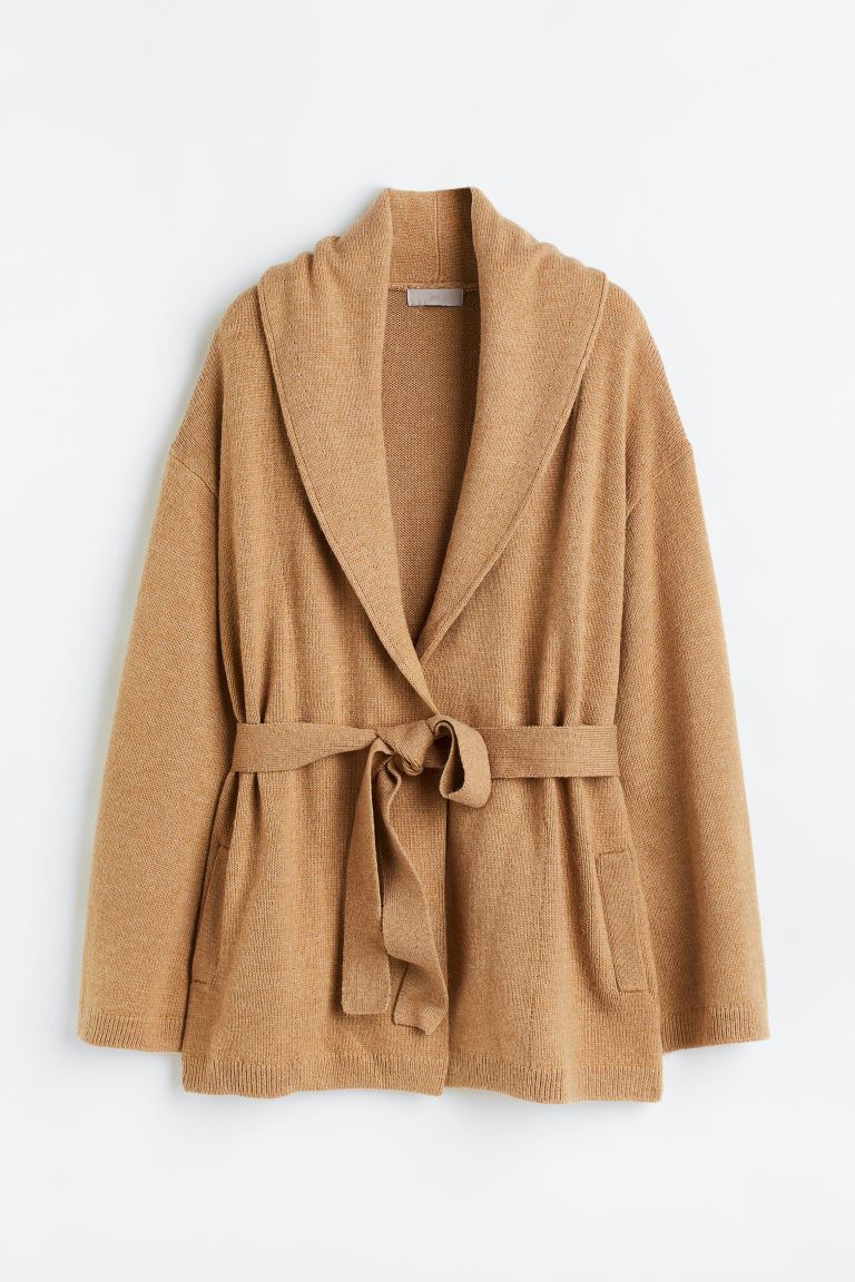 H & M - Fine-knit Cardigan with Tie Belt - Beige | H&M (US + CA)