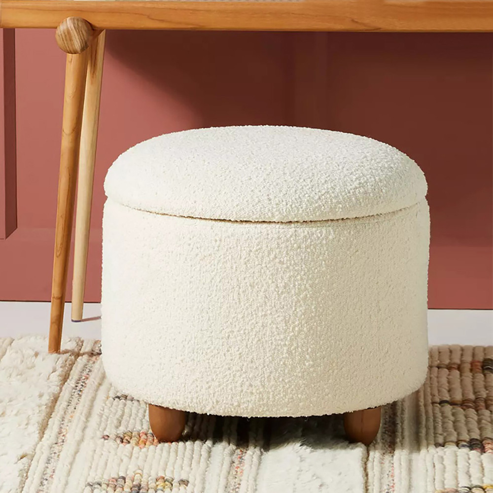 Modern White Boucle Vanity Stool with Lifted Top Storage Round Ottoman with Walnut Legs | Homary