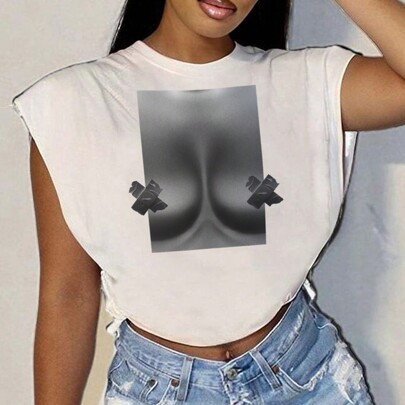 Casual Minimalist Sexy Bra Graphic Round Neck Sleeveless Loose Crop Top T-Shirt For Women, Suitable For Summer | SHEIN