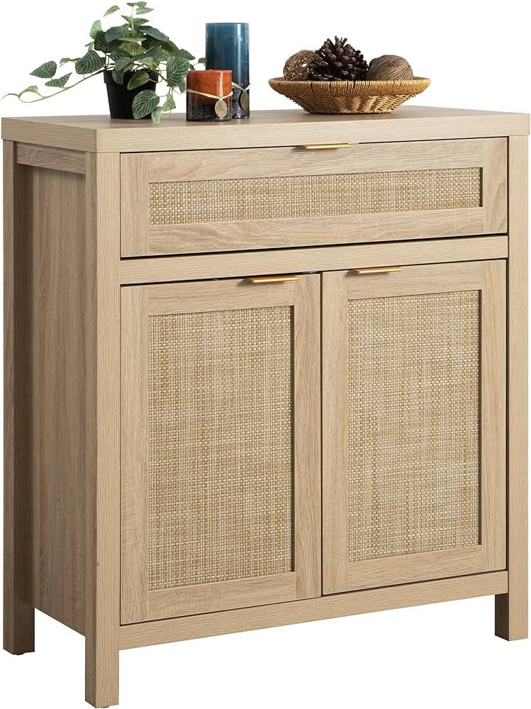 SICOTAS Sideboard Buffet Storage Cabinet, Rattan Accent Cabinet with Doors and Drawer, Boho Credenzas Buffet Table Console Coffee Bar Cabinet for Entryway Living Room, Natural | Amazon (US)