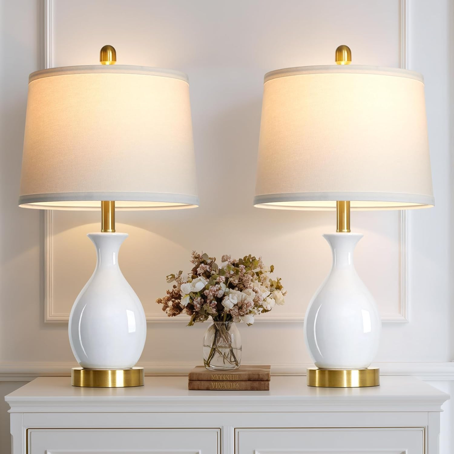 24" White Ceramic Table Lamps Set of 2 for Bedroom, Modern Classic Bedside Lamps for Nightstand, Small Table Lamp for Living Room Side Table (2 LED Bulbs Included) | Amazon (US)
