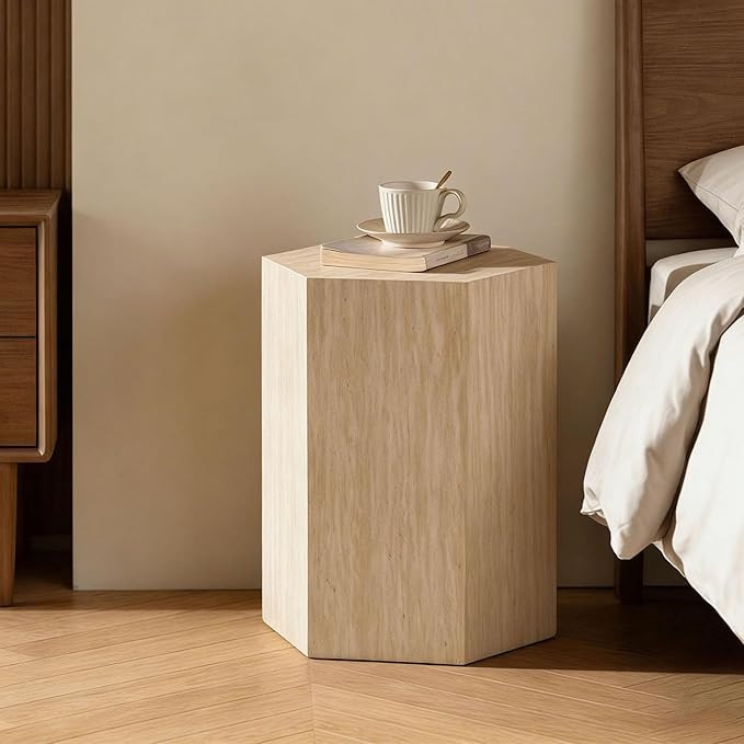 H 18.9in Hexagonal Travertine Side Table, Wood Coffee Table for Living Room, No Assemble, Modern ... | Amazon (US)