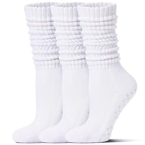 Toetally Pilates Socks with Grips for Women Long Slouch Non-Slip Yoga Barre Cushioned Workout Scrunch Socks 3 Pairs | Amazon (US)